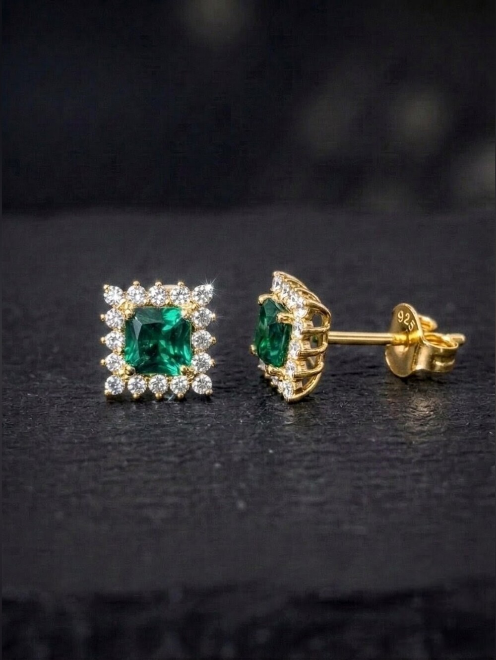 7mm Green Nano Emerald Square Halo Studs 18K Gold Vermeil 925 Silver | AAQuatif - Picture 5 of 9